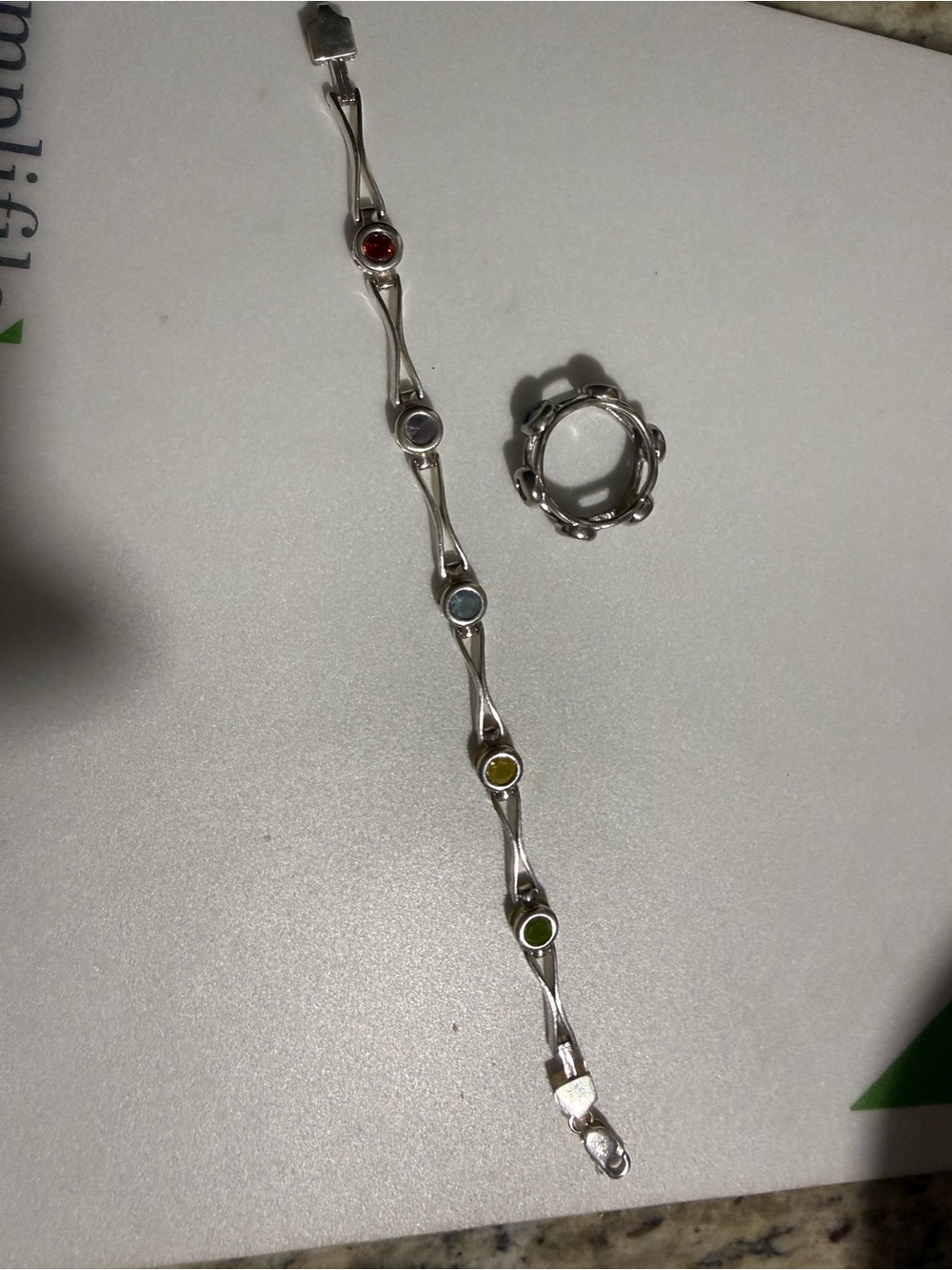 Multi-Color Gemstone Accent Sterling Silver Bracelet with Matching Ring Size 6